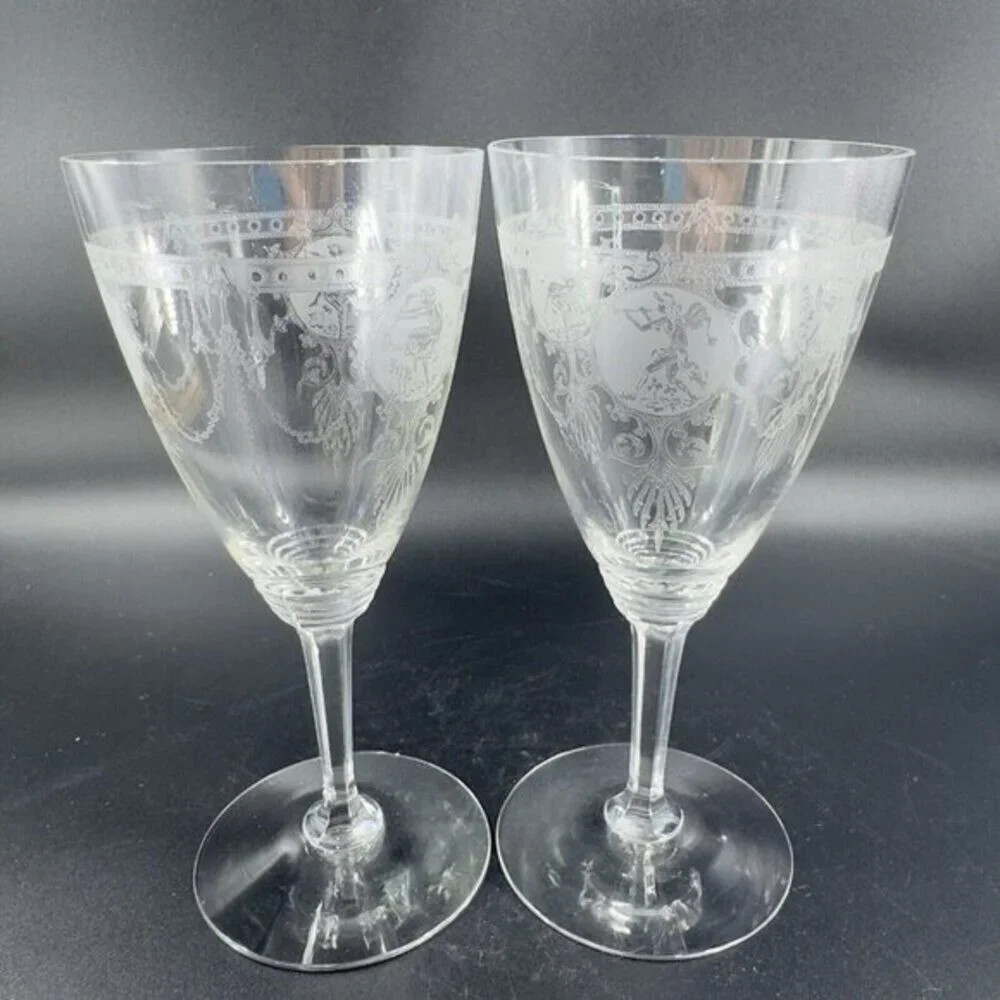 Heisey Pied Piper Etched Crystal Water Goblet Delicate Stemware Glasses Set‎ 2